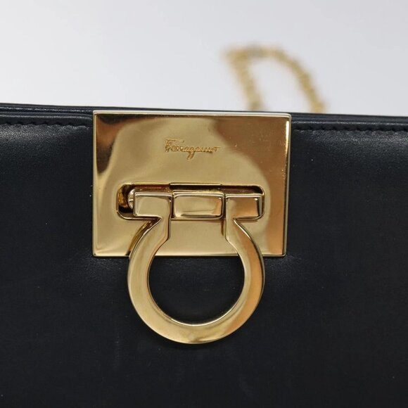 Salvatore Ferragamo Gancini Chain Shoulder Bag Leather Navy Gold Auth BD1060 - Picture 13 of 16